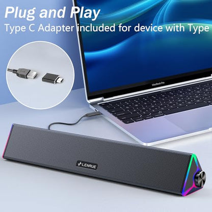 LENRUE Computer Speakers for Desktop,PC Speakers with Single USB for Power and Stereo Sound,Touch Lights Gaming Speakers Sound bar for Desktop PC Laptop(USB-C Adapter Included)