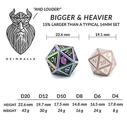 HEIMDALLR Metal DND Dice Set 7 pcs - Dragonhide Design, 16mm Size, Logo on D20; Metal Dice Set & Dice Box; D&D Dice Set D&D (Dungeons and Dragons Dice Set) - Jormungandr Series (Prismatic Dragon) - color: 11 Prismatic Dragon