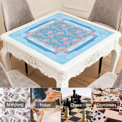 Mahjong Mat for Table with Carrying Bag & 3 Dice, Blue Pink Floral 31.5"x31.5" Square Rubber Mahjong Table Cover, Non-Slip & Noise Reduction Gaming Mat for Mah Jongg, Poker, Dominoes & Tile Games - color: Light Blue Pink