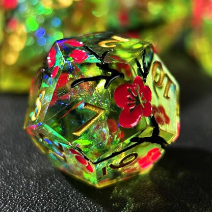 HAOMEJA Resin Flower Dice Set 7pcs/ Sharp Edged Polyhedral Dice/Apply to D&D/DND/RPG-MTG/Role Playing Table Game/Easter/Halloween Party Gift (Yellow Green & Gold Numbers) - color: 7 Yellow Green & Gold Numbers