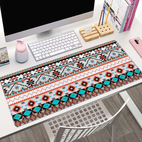 Large Gaming Mouse Pad with Stitched Edges, Colorful Aztec Pattern Desk Mat, Extended XL Keyboard Pad, Non-Slip Rubber Base Desk Pad for Keyboard and Mouse, 31.5X11.8 inch - color: Colorful Aztec Pattern