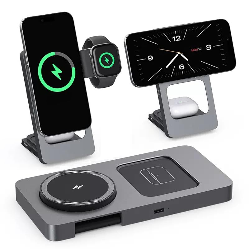 3-in-1 Foldable Wireless Charging Station for iPhone, Apple Watch, AirPods, Aluminum Alloy Frame, 15W Fast Charging, 0-180 Adjustable Stand, Qi Magnetic Wireless Charger (Gray)