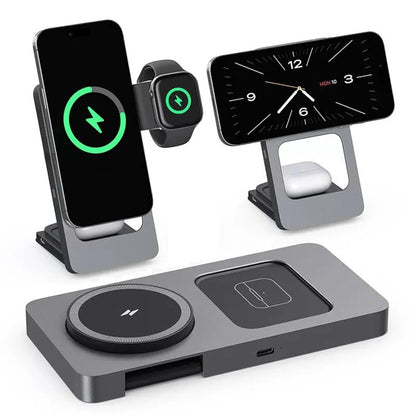3-in-1 Foldable Wireless Charging Station for iPhone, Apple Watch, AirPods, Aluminum Alloy Frame, 15W Fast Charging, 0-180 Adjustable Stand, Qi Magnetic Wireless Charger (Gray)