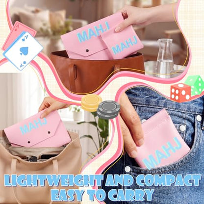 2 Pcs Leather Mahjong Card Bag Clutch Pouch Holder with PU Squeeze Dice Bag Mahjong Accessories Protector Cover Case for MAHJ Lover Playing Game Night (Pink) - color: Pink