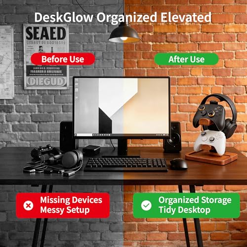 Solid Wood Headphone Stand with Controller Holder, Space-Saving Dual Hanger & Gamepad Organizer for Desktop, Gaming Desk Accessories with Stable Base Storage
