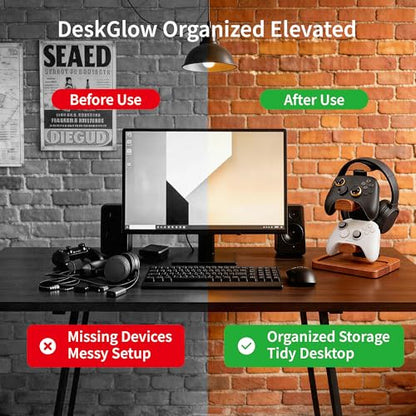 Solid Wood Headphone Stand with Controller Holder, Space-Saving Dual Hanger & Gamepad Organizer for Desktop, Gaming Desk Accessories with Stable Base Storage