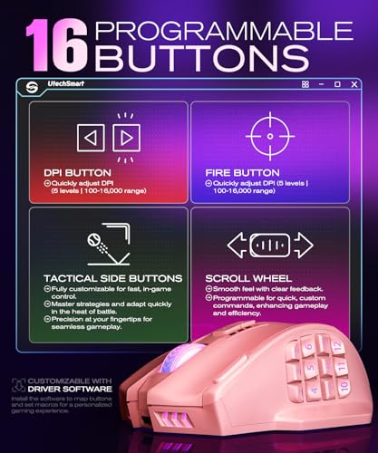 UtechSmart Venus Pro Wireless MMO Gaming Mouse, 16,000 DPI Optical Sensor, Wired/Wireless Dual Modes, 16M Chroma RGB Lighting, 16 Programmable Buttons, Ergonomic Design, Up to 70H, Pink - color: Pink