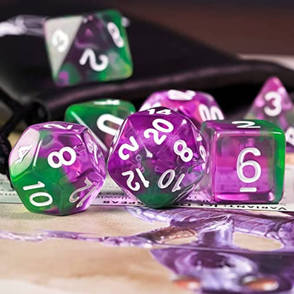 7-Die DND Dice Set Polyhedral Dice Set with a Leather Dice Bag, D&D Dice Set for RPG Table Games (T/Purple Green) - color: T/Purple Green