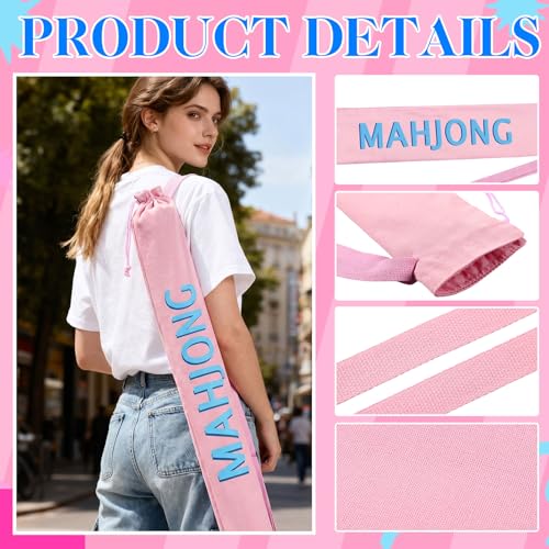 34 Inch Light Pink Canvas Drawstring Mahjong Mat Bag with Shoulder Strap, Mahjong Holder Lightweight Outdoor Carrying Bag for Travel Game Night, Storage Mat Not Include - color: Pink, style: Cute