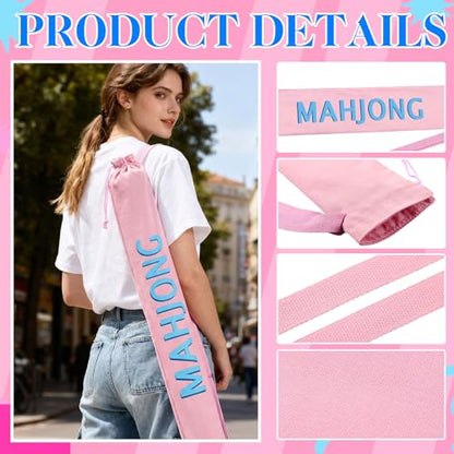 34 Inch Light Pink Canvas Drawstring Mahjong Mat Bag with Shoulder Strap, Mahjong Holder Lightweight Outdoor Carrying Bag for Travel Game Night, Storage Mat Not Include - color: Pink, style: Cute