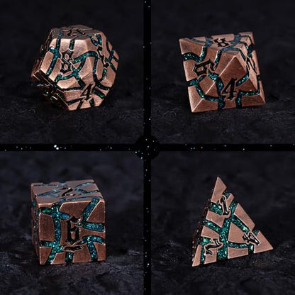 Cracked Rune Metal Dice Set for DND & RPG – Dark Fantasy Fractured Design, Premium Heavy Metal Polyhedral Dice with Deep Engraved Numbers, 7-Piece Set – Green Mystic Vein - color: Antique Copper Green