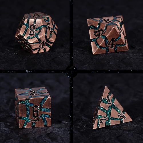 Cracked Rune Metal Dice Set for DND & RPG – Dark Fantasy Fractured Design, Premium Heavy Metal Polyhedral Dice with Deep Engraved Numbers, 7-Piece Set – Green Mystic Vein - color: Antique Copper Green