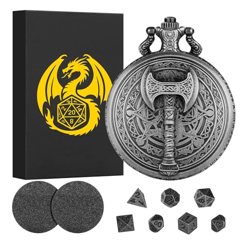 Mini DND Dice Set With Steampunk Barbarian Axe Pocket Watch Shell Case, 7pcs Polyhedral Metal Dice Set, D&D Gifts With Gift Box, Role Playing Board Games Accessories, Dark Silver - color: Dark Silver
