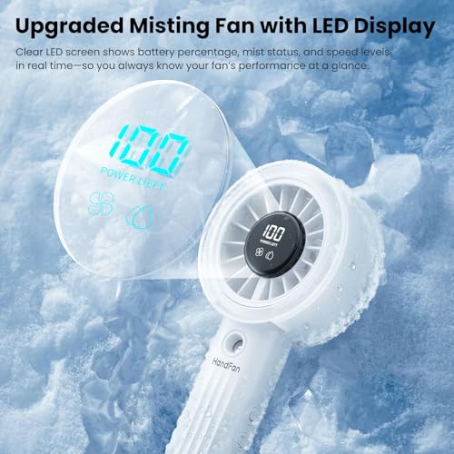HandFan Upgraded Misting Fan with LED Display – Extreme Cooling Portable Handheld Fan with Water Mist Spray, 50% Stronger Airflow & Quieter, USB Rechargeable for Travel/Park/Disney/Beach/Concert/Game - color: Lily White