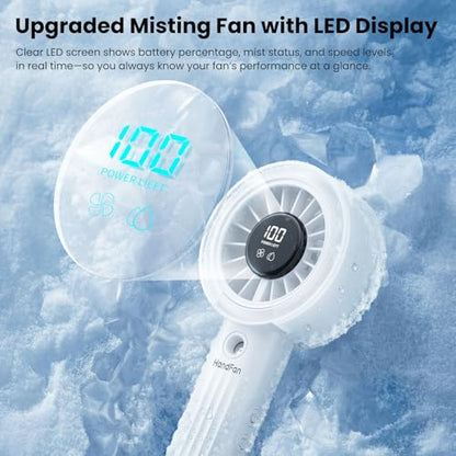 HandFan Upgraded Misting Fan with LED Display – Extreme Cooling Portable Handheld Fan with Water Mist Spray, 50% Stronger Airflow & Quieter, USB Rechargeable for Travel/Park/Disney/Beach/Concert/Game - color: Lily White