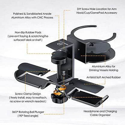 Headphone Stand, 2 in 1 PC Gaming Headset Stand Cup Holder, with Cable Organizer, 360° Adjustable & Rotating Arm Clamp Headphone Holder, Suitable for All Headphones and Drinks
