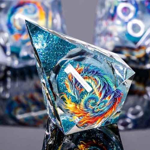 Roycevon Dragon Pattern Liquid Core DND Dice Set, 7Pcs Sharp Edge D&D Dice with Gift Box, Blue Resin Dungeons Dragons D and D Role Playing Dice D20 D12 D10 D8 D6 D4 - color: Blue