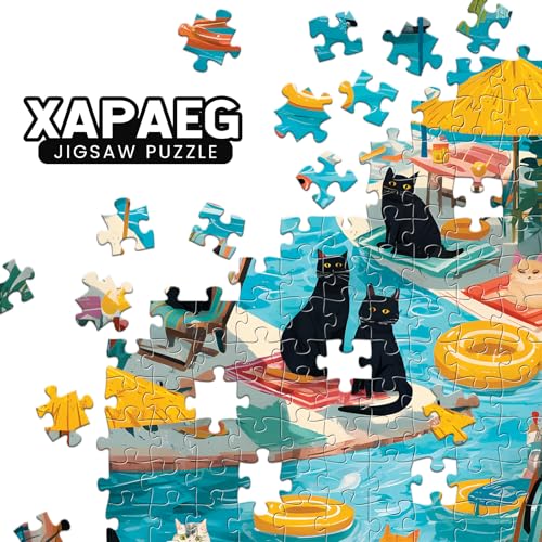 300 Piece Puzzle for Adults, Fun Poolside Cats Jigsaw Puzzle, Vibrant Cats with Beach Umbrellas and Floaties 300 Piece Puzzle, Perfect for Family Time, Wall Decor, Gift for Adults, Seniors - style: Pool Party Cats