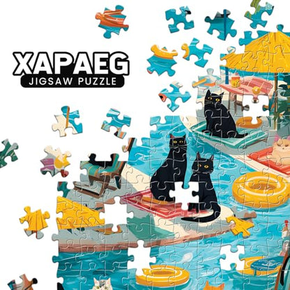 300 Piece Puzzle for Adults, Fun Poolside Cats Jigsaw Puzzle, Vibrant Cats with Beach Umbrellas and Floaties 300 Piece Puzzle, Perfect for Family Time, Wall Decor, Gift for Adults, Seniors - style: Pool Party Cats
