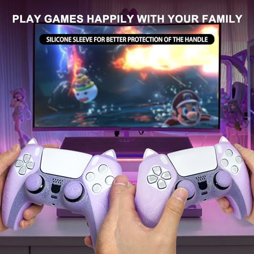 Purple Cat Glitter Anti-Slip Protective Silicone Cover Skin Grips Compatible with PS5/Slim/Pro Controller,8 PCS Glitter Thumb Grips Caps and 2 Paw Grips Caps. (Cat Purple) - color: Cat Purple
