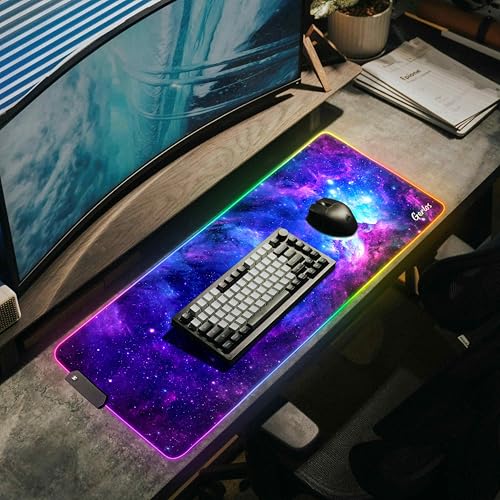 Gerlos RGB Gaming Mouse Pad, Large LED Desk Mat, 31.5 x 11.8 Inch | 12 light modes, non-slip base, water-resistant surface, stitched edges - color: Cosmic Glow