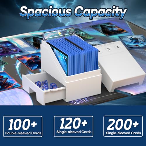 Proijeut Mtg Deck Box with Life Counter, Commander Deck Box Fits 100 Double-Sleeved Cards, Magic Card Storage Box with Commander Display & Dice Tray, Fit for MTG, TCG, CCG (White) - color: White