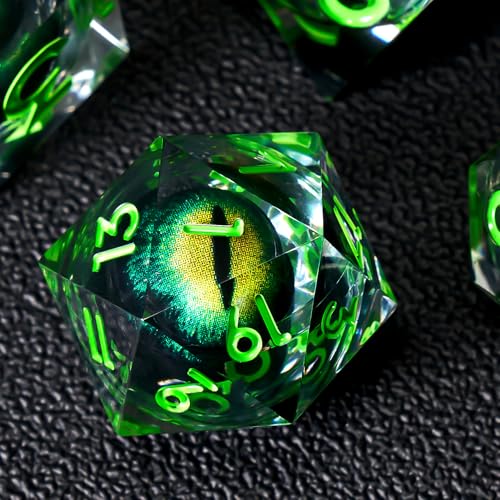 Dragon Eye DND Dice Set, 7pcs Liquid Core Dice with Gift Box, Handmade Sharp Edge Resin Dice for Role Playing Dungeons and Dragons Ttrpg(Green) - color: Green Eye