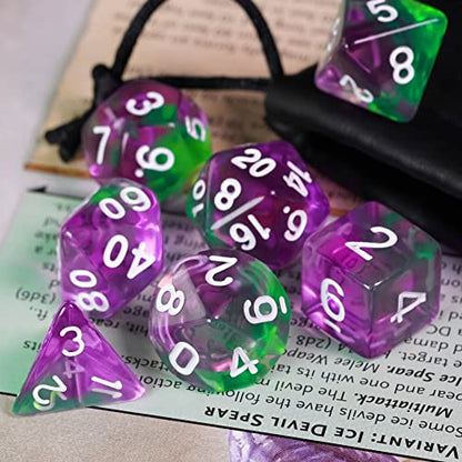 7-Die DND Dice Set Polyhedral Dice Set with a Leather Dice Bag, D&D Dice Set for RPG Table Games (T/Purple Green) - color: T/Purple Green