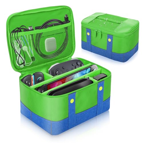Vadaxx Cute Switch Carry Case for Nintendo Switch1/2/Lite/OLED, Portable Soft Shell Waterproof Protective Storage Travel Carrying Case Messenger Bag Oxford for NS SD Console Dock JoyCons Accessories - color: Green Big