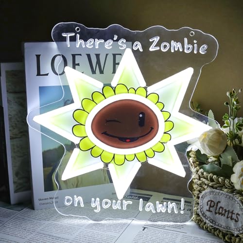 There's a Zombie on Your Lawn Neon Sign, Cute Sunflower LED Light Up Sign for Wall Decor, Cartoon Flower Game Fan Gifts for Kids Friends, Funny Night Light for Bedroom Game Room Display