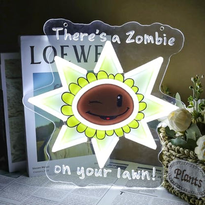 There's a Zombie on Your Lawn Neon Sign, Cute Sunflower LED Light Up Sign for Wall Decor, Cartoon Flower Game Fan Gifts for Kids Friends, Funny Night Light for Bedroom Game Room Display