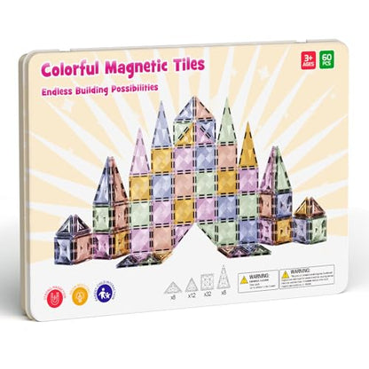 Clear Crystal Glitter Magnetic Tiles: Diamond Building Blocks for Kids | 60PCS Metal Storage Box, Compatible With Most Tile Sets, Strong Magnets, Ages 4-8, 60+ Mins Play Travel & Home Fun - style: Medium Magnetic Tiles - 60PCS