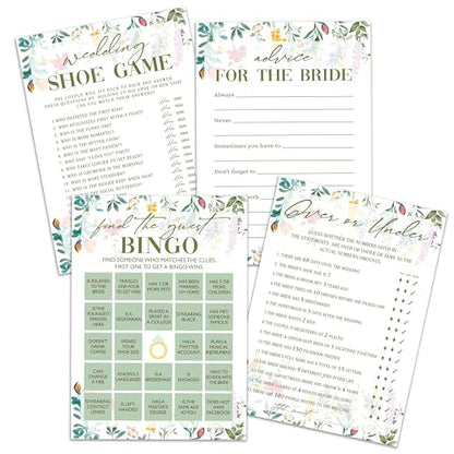 Wildflower Bridal Shower Games Set, 4 Games Includes Over Or Under, Advice for The Bride, Wedding Shoe Game, Find The Guest Bingo, 50 Double-Sided Cards, Wedding Party Supplies -03 - style: 4 Games Set-03