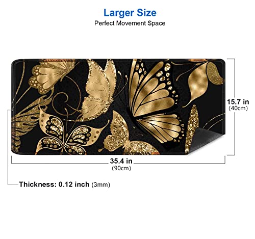 IMAYONDIA Black and Gold Desk Mat (35.4x15.7 in), XL XXL Gaming Large Mouse Pad, Non-Slip Rubber Base Big Keyboard Deskmat for Desktop, Computer Accessories, Butterfly Gold Glitter Foil Art - color: Gold Glitter Butterfly