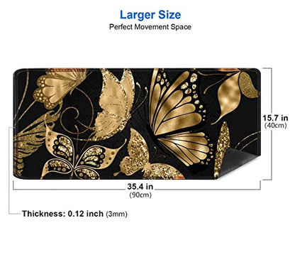 IMAYONDIA Black and Gold Desk Mat (35.4x15.7 in), XL XXL Gaming Large Mouse Pad, Non-Slip Rubber Base Big Keyboard Deskmat for Desktop, Computer Accessories, Butterfly Gold Glitter Foil Art - color: Gold Glitter Butterfly