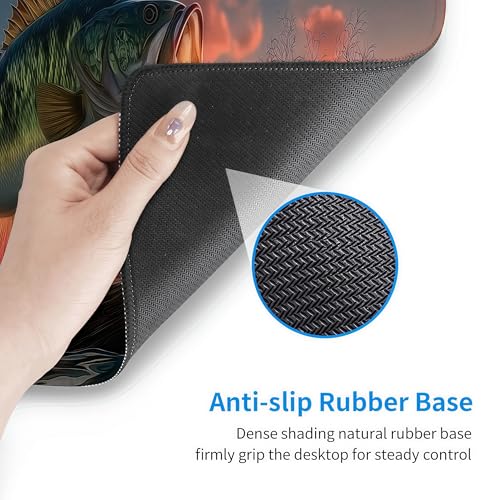 Large Gaming Mouse Pad with Bass Fish Sunset Design, Non-Slip Rubber Base, Stitched Edges, Extended Size 35.4 x 15.8 inches - color: Large Mouth Bass