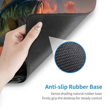 Large Gaming Mouse Pad with Bass Fish Sunset Design, Non-Slip Rubber Base, Stitched Edges, Extended Size 35.4 x 15.8 inches - color: Large Mouth Bass