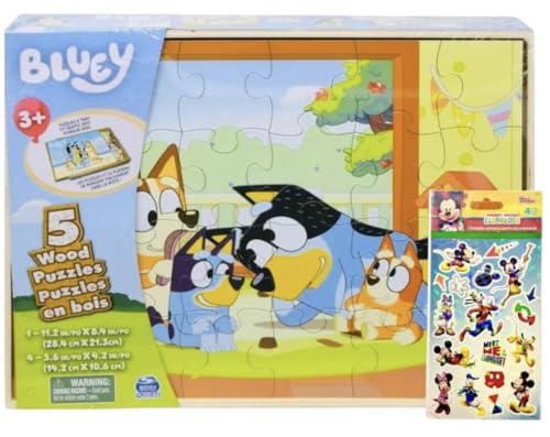 Bluey 5 Wood Puzzles with Storage Box, 72 Exclusive Mickey Mouse Clubhouse Stickers and Star Wars 300+ Stickers Bundle for Kids - Ages 3 and Up