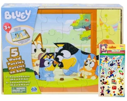 Bluey 5 Wood Puzzles with Storage Box, 72 Exclusive Mickey Mouse Clubhouse Stickers and Star Wars 300+ Stickers Bundle for Kids - Ages 3 and Up