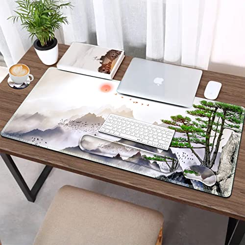 AIMSA Large Gaming Mouse Pad Set, Keyboard Wrist Rest Support + Extended Mouse Pad + Mouse Wrist Cushion + Coaster, Ergonomic Memory Foam Desk Mat 35x15.7in Anti-Slip Base (Pine Tree Mountains) - color: Pine Tree Mountains