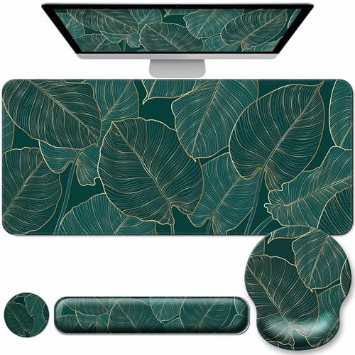 Desk Mat Set Keyboard and Mouse Pad with Wrist Rest Support | Ergonomic,Pain Relief, 4-in-1 Large Big Mousepad Computer Mats,Desk Pad Matt Mats for Desktop Home & Office - color: M-Green Leaves