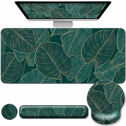 Desk Mat Set Keyboard and Mouse Pad with Wrist Rest Support | Ergonomic,Pain Relief, 4-in-1 Large Big Mousepad Computer Mats,Desk Pad Matt Mats for Desktop Home & Office - color: M-Green Leaves