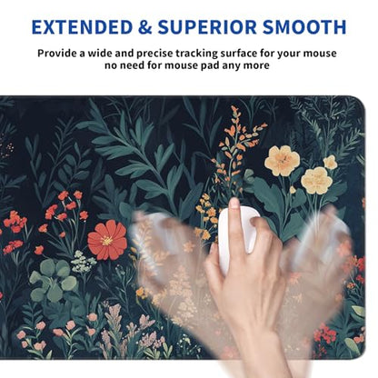 Flower Mouse Pad Abstract Big Mouse Pad 31.5x11.8 Inch Floral Texture Non-Slip Rubber Base Large Weeds Mousepad Stitched Edges Keyboard Mouse Mat Desk Pad for Office and Home - color: Flower 1