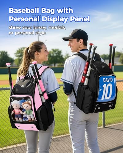 MATEIN PRO Youth Baseball Backpack for 4 Bats, Collapsible Shoe Compartment | Water Resistant, Large, Boys Baseball Bat Bag, Insulated Beverage Pocket, Clear Display Window, Storage Holds Glove, Helmet - color: Light Pink
