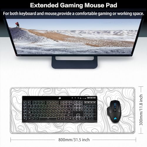 Canjoy Gaming Mouse Pad, Topographic Large Extended Mouse Pad 31.5x11.8inch | Full Desk Mousepad Keyboard Mat Big Large Mouse Pads for Desk Extended Computer Mat with Anti-Slip & Double Stitched - color: White Topographic, size: 800*300mm