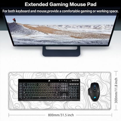 Canjoy Gaming Mouse Pad, Topographic Large Extended Mouse Pad 31.5x11.8inch | Full Desk Mousepad Keyboard Mat Big Large Mouse Pads for Desk Extended Computer Mat with Anti-Slip & Double Stitched - color: White Topographic, size: 800*300mm
