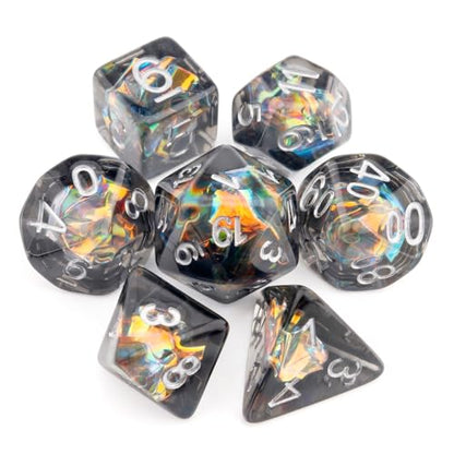 Haxtec DND Dice Set, 7 Pcs Iridescent Resin Polyhedral RPG Dice | Role Playing Games Dice with Velvet Pouch, Compatible with Dungeons and Dragons, Gifts for DM Masters, Black Silver - color: Black Gold Silver