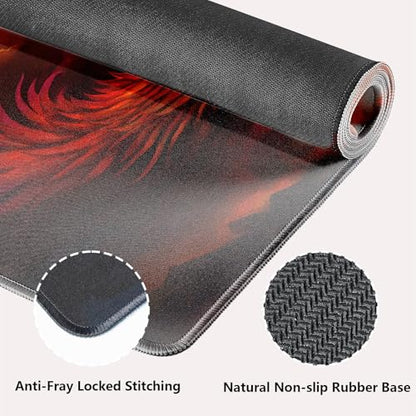 Golden Fire Phoenix Rebirth Art Large Mouse Pad, Fantasy Painting Desk Mat | Keyboard Mat Stitched, 31.5" x 11.8", Mythical Bird Creature Rising From Ashes, Red Orange Clouds Landscape, Anti-Slip - color: Vibrant Design J15K