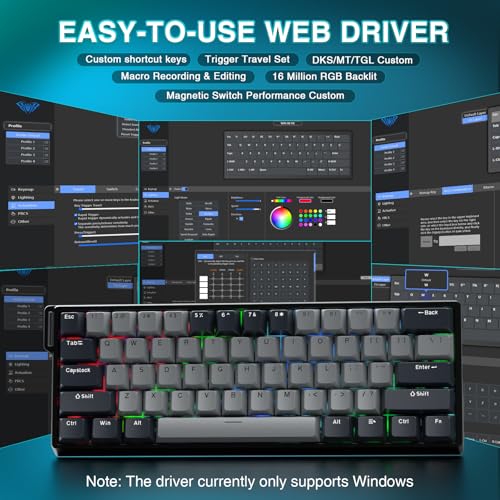 AULA WIN60 HE PRO 60% Mechanical Gaming Keyboard Wired, Magnetic Switch Hot Swappable, Adjustable Actuation Rapid Trigger Mode, 8000Hz Polling Rate, RGB Small Keyboard 60 Percent Compact Design for PC - color: Black Gray, size: Pro Version