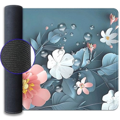 Blue Art Flowers Mouse Pad,Extended Abstract Floral Mousepad Desk Pad with Stitched Edges,Non-Slip Waterproof Rubber Base Mouse Mat for Office Computer Keyboard Laptop Home 27.5x11.8 in - color: Blue background flower
